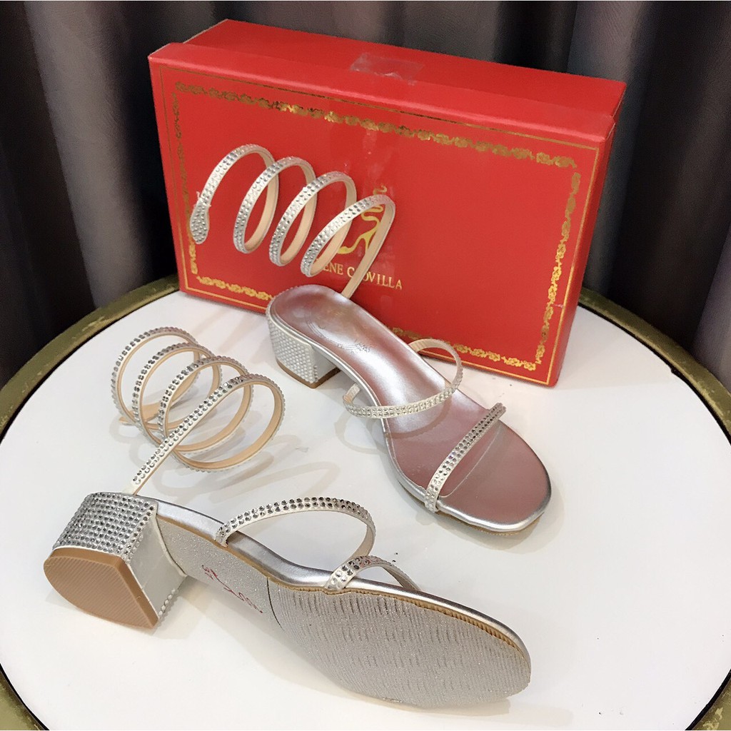 Sandal lò xo về đen bạc quai đính đá