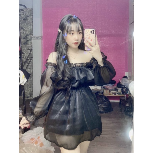 Đầm Xoè công chúa trễ vai vải tơ gân óng ánh Cao cấp (VIDEO THẬT) ❤