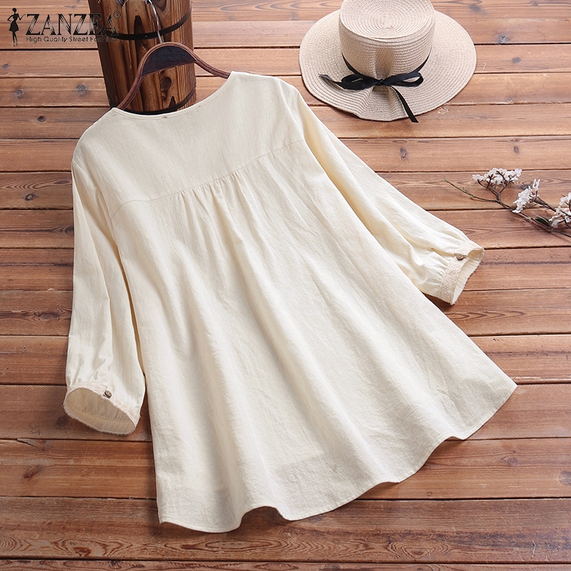 ZANZEA Áo Cotton Lanh Tay 3/4 Thời Trang Nữ Tính