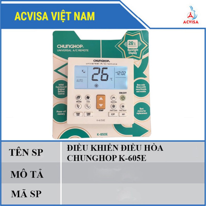 REMOTE MÁY LẠNH ,ĐIỀU KHIỂN ĐIỀU HÒA CHUNGHOP K-650E