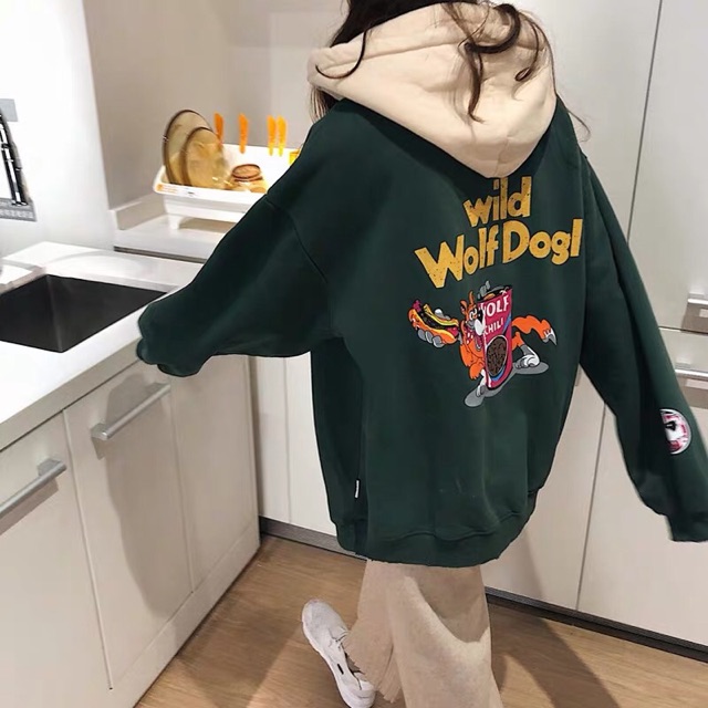Áo hoodie vải nỉ lót bông dày dặn in Wolfdogl
