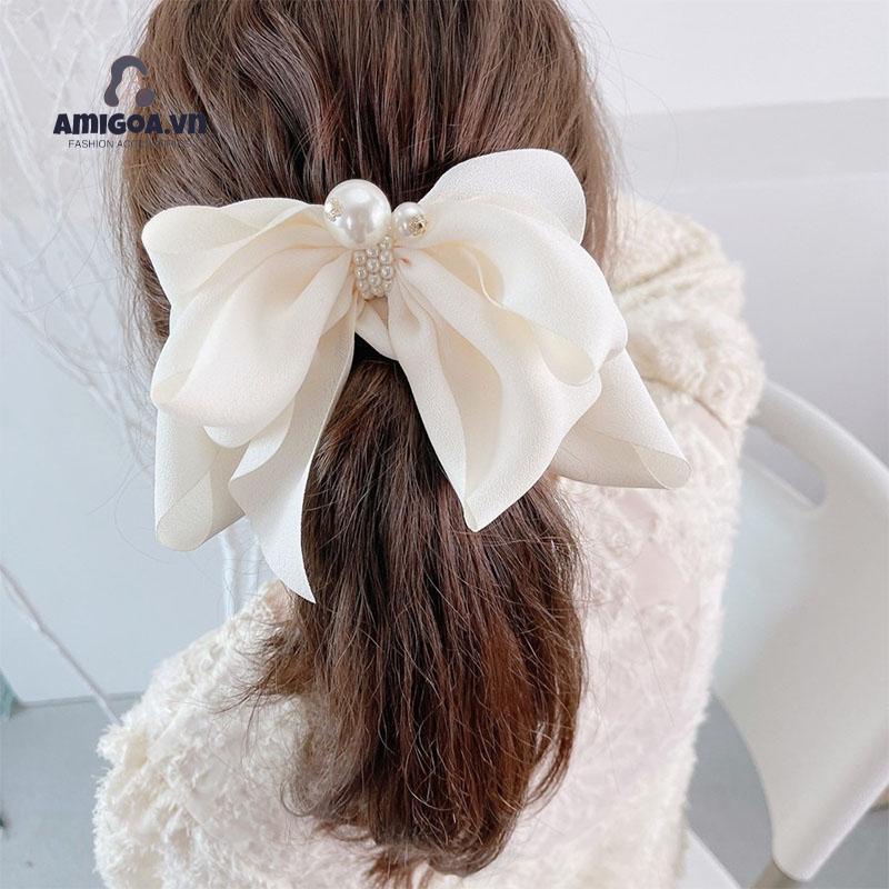 Kẹp Tóc Hình Nơ Đính Ngọc Trai Phong Cách Hàn Quốc Dễ Thương Cho Nữ