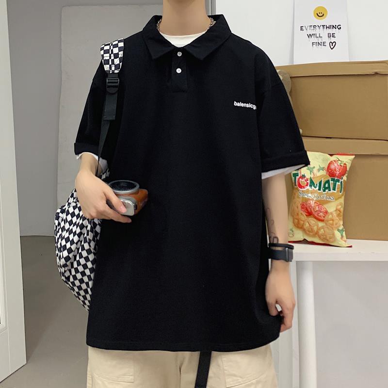 Mùa hè đơn giản chữ cái ngắn tay POLO áo sơ mi nam thủy triều thương hiệu ve áo tất cả các trận đấu T-shirt Hàn Quốc rộn