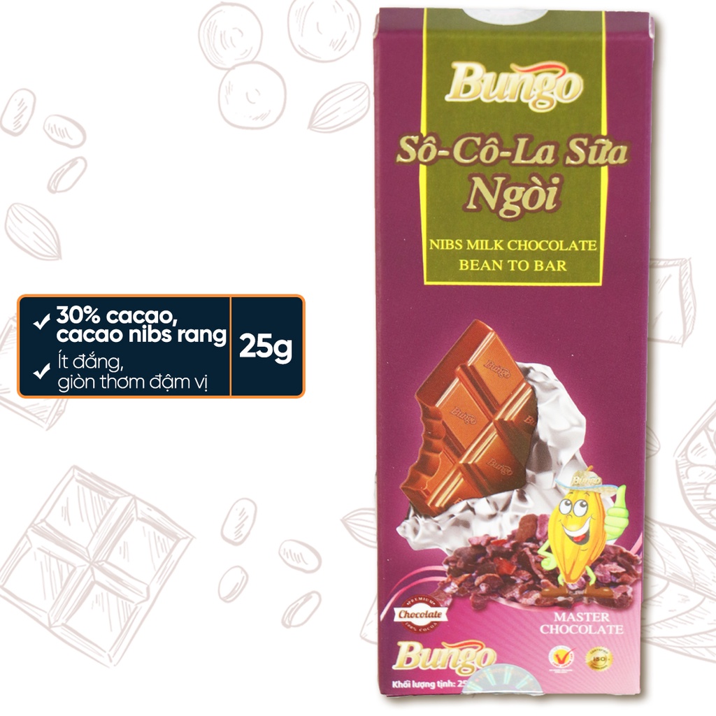 Socola Nguyên Chất Sữa Ngòi Bungo, Thanh 25g - Thuần Bơ Cacao Tự Nhiên - Từ Hạt Cacao Trinitario Lên Men Thủ Công