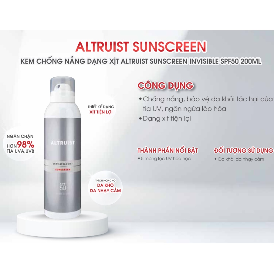 Kem chống nắng dạng xịt Altruist Invisible Sunspray SPF50 – 200ml, Altruist Family Sunspray SPF50 - 250ml