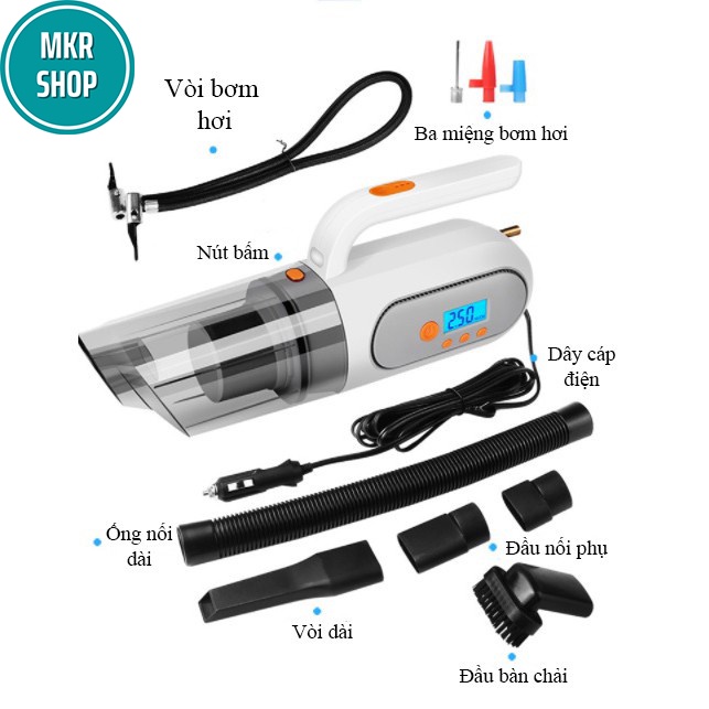 Máy Hút Bụi ô Tô 4 in 1 Kiêm Bơm Lốp - Hút Bụi Mini Cầm Tay Lực Hút Mạnh + bơm hơi ô tô màn hình kỹ thuật số