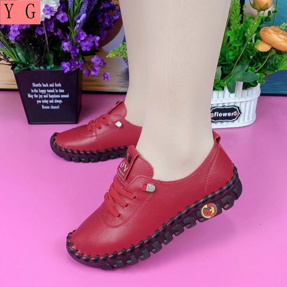 Giày Da Thật Đế Mềm Buộc Dây Bản Rộng Thoải Mái Cho Nữ Trung Niên