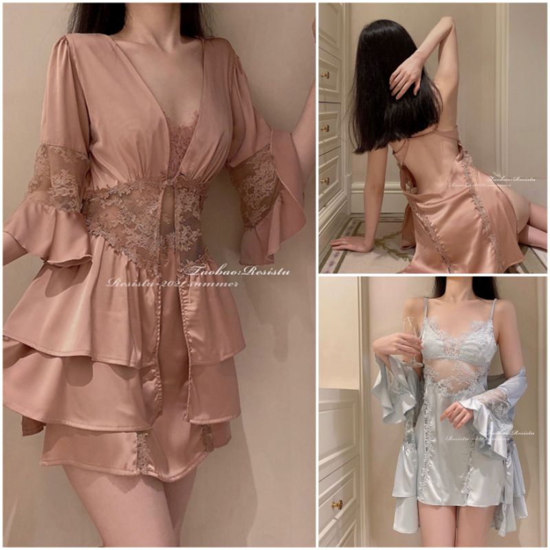 Sét Choàng Ngủ Cao Cấp, Váy Ngủ Lụa Nữ Kèm Choàng Phối Voan Tầng Siêu Xinh | BigBuy360 - bigbuy360.vn