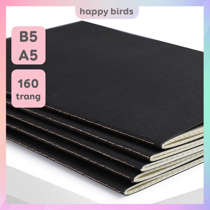 Sổ tay ghi chép B5 vở học sinh bìa đen vintage giấy kraft 3 loại ruột: Trơn, Ngang, Caro The Happy Birds
