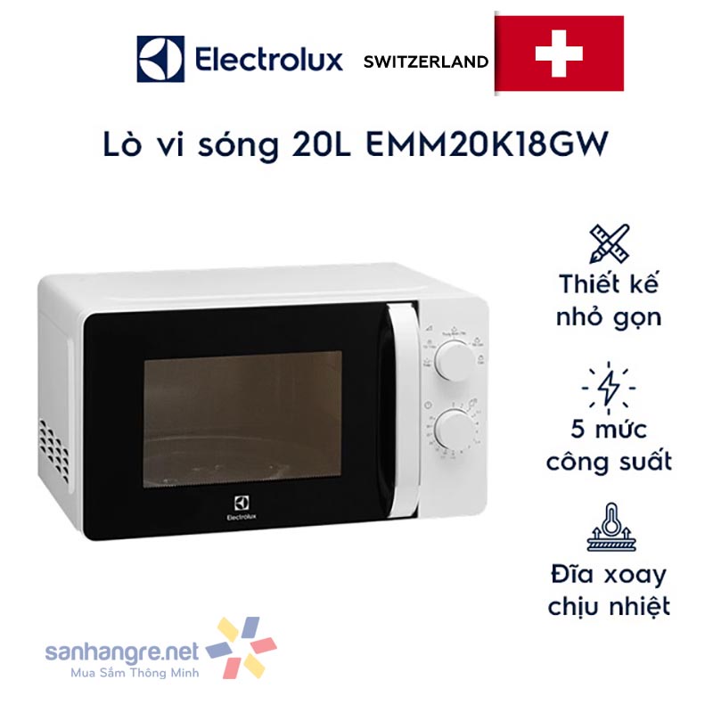 Lò vi sóng Electrolux dung tích 20 lít EMM20K18GW công suất 800W - Bảo hành 24 tháng