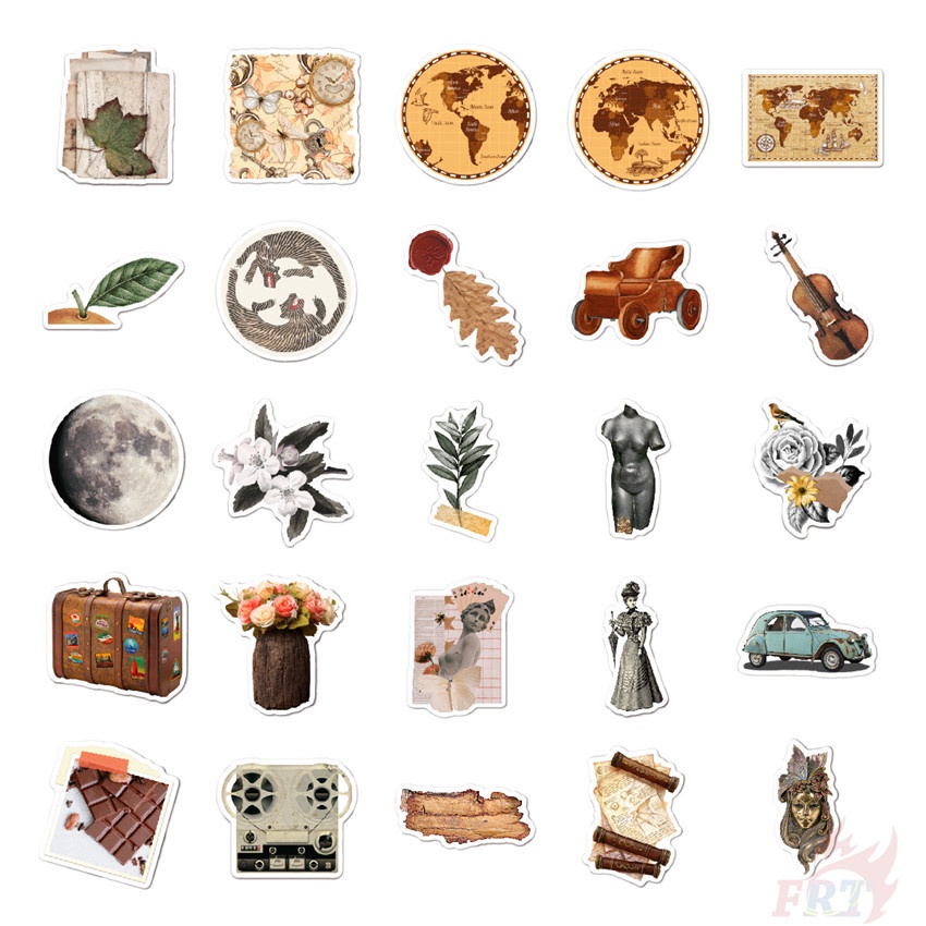 Bộ 100 Cái/Bộ ❉ Miếng Dán Trang Trí Phong Cách Retro Độc Đáo ❉ Sticker Dán Tường Chống Thấm Nước Thời Trang