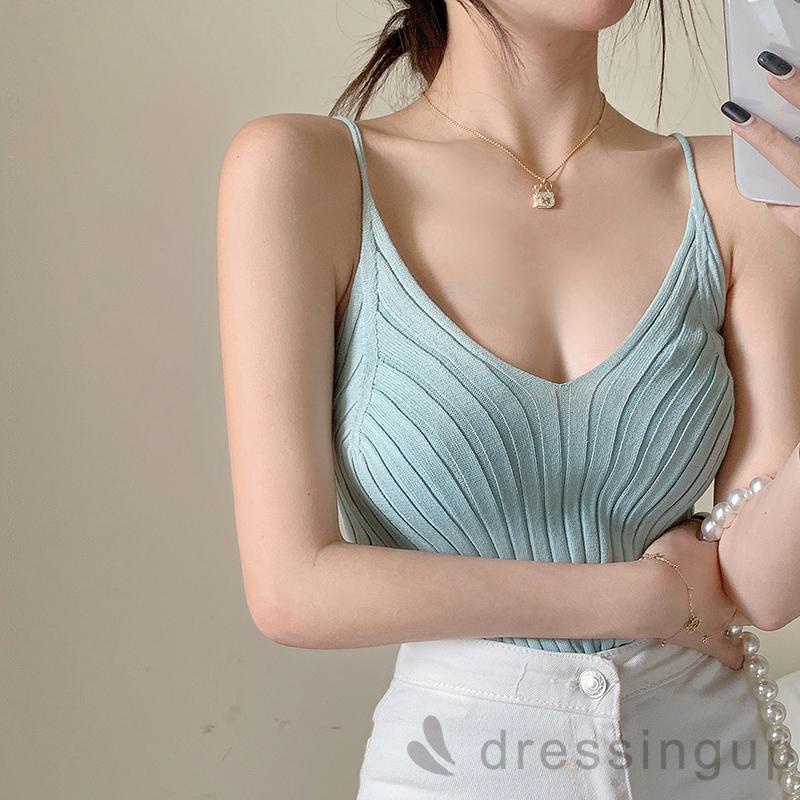 Áo Hai Dây Dệt Kim Cổ Chữ V Màu Sắc Trơn Thời Trang Cho Nữ