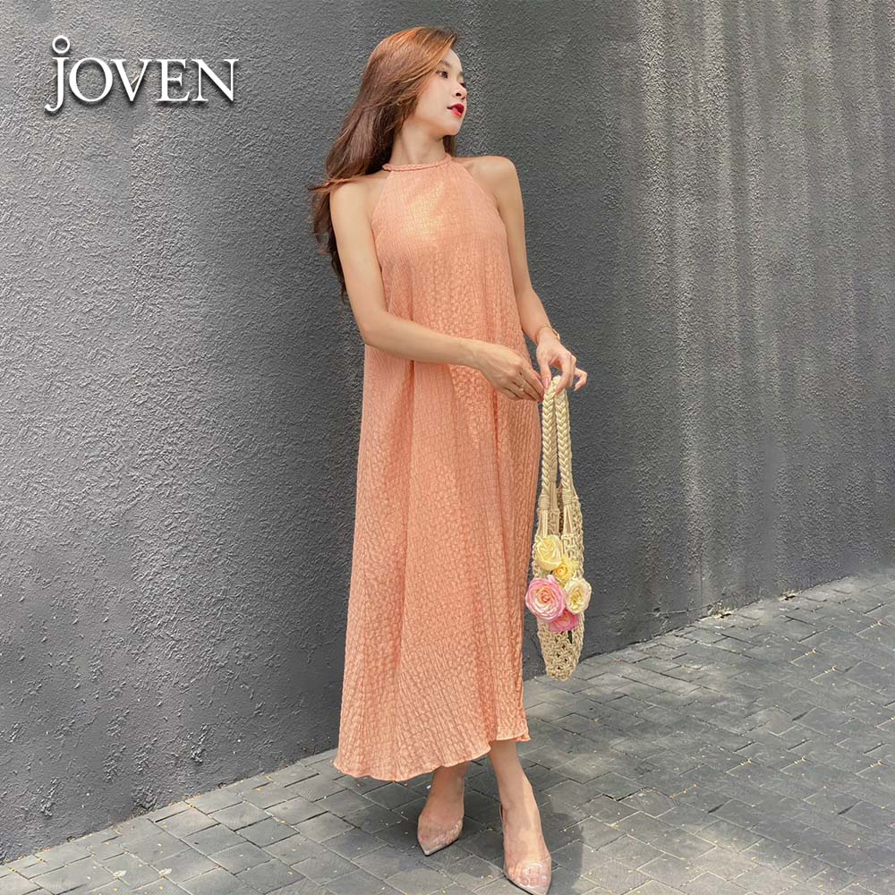 Đầm maxi cổ yếm đan sang chảnh chất thun xốp cao cấp JOVEN, thiết kế suông dáng dài tiểu thư, đi biển đi cafe dạo phố