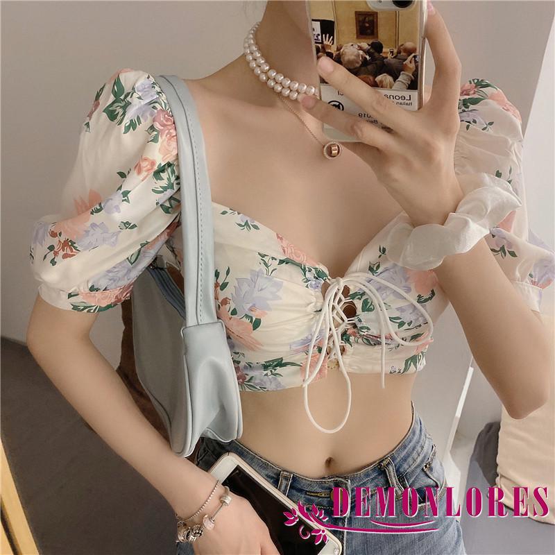 Áo kiểu cổ chữ V tay phồng ngắn in họa tiết hoa cột dây trước ngực ôm dáng thời trang quyến rũ