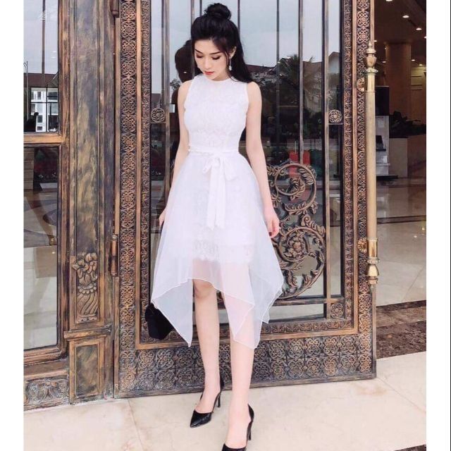 Đầm trắng nơ eo dự tiệc sang trọng