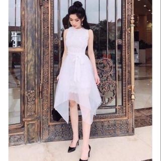 Đầm trắng nơ eo dự tiệc sang trọng