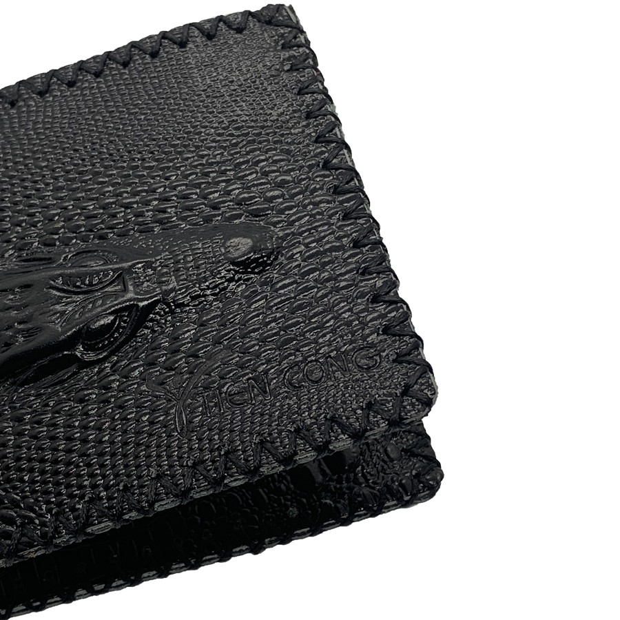 Ví Nam Ngang Da Bò Dập Vân Cá Sấu May Viền Tiến Công Màu Đen - TCN1040