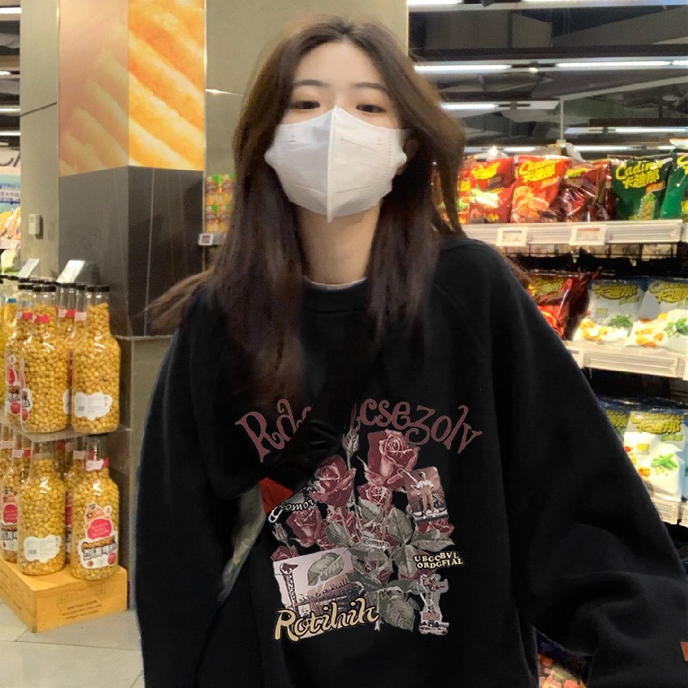 Áo sweater SELVZE tay dài cổ tròn họa tiết hoa phong cách Mỹ độc đáo