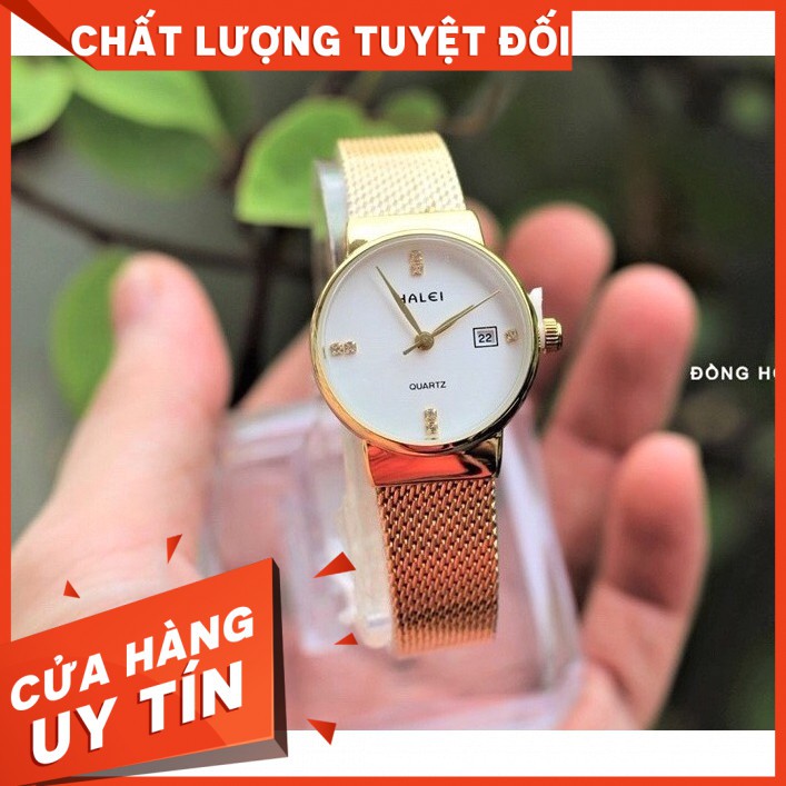 [Mã WTCHFEB giảm 20K ] Đồng Hồ Nữ Halei Dây Vàng Mặt Trắng Chống Nước