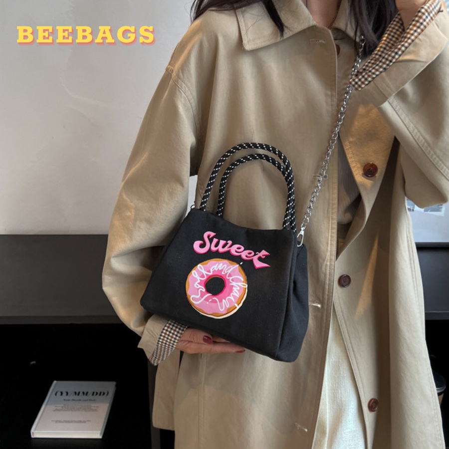 Túi Cầm Tay Chất Liệu Vải Canvas Họa Tiết Donut Dễ Thương Độc Lạ | TX43 | Túi Nữ Đeo Chéo Dây Xích Dễ Phối Đồ Đi Chơi