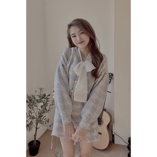 Set dạ bông caro xanh chân váy ngắn áo khoác crop tiểu thư siêu xinh