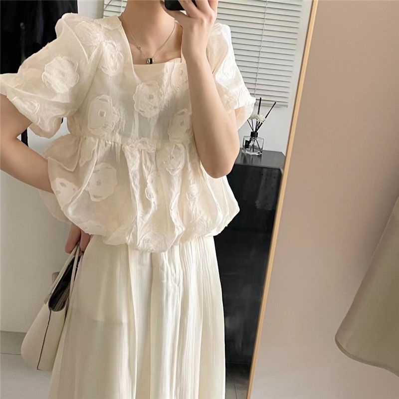 Áo Sơ Mi Chiffon Cổ Vuông Tay Phồng In Họa Tiết Hoa Thời Trang Mùa Hè Dành Cho Nữ 2022