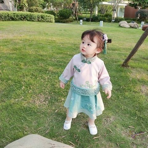 Đầm Nhung Phối Ren Phong Cách Trung Hoa Xinh Xắn Cho Bé Gái