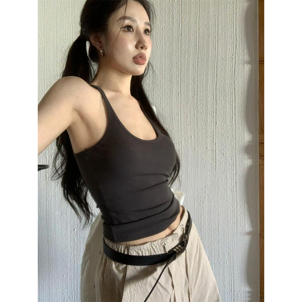 Áo Hai Dây Cổ Tròn Co Giãn Phong Cách Hàn Quốc Cho Nữ