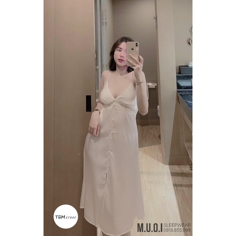 [FREESHIP] Váy ngủ sexy Quảng Châu - Sx 158 Váy ngủ lụa dáng dài cúc bọc hot hit cao cấp QUảng Châu Muối Sleepwear