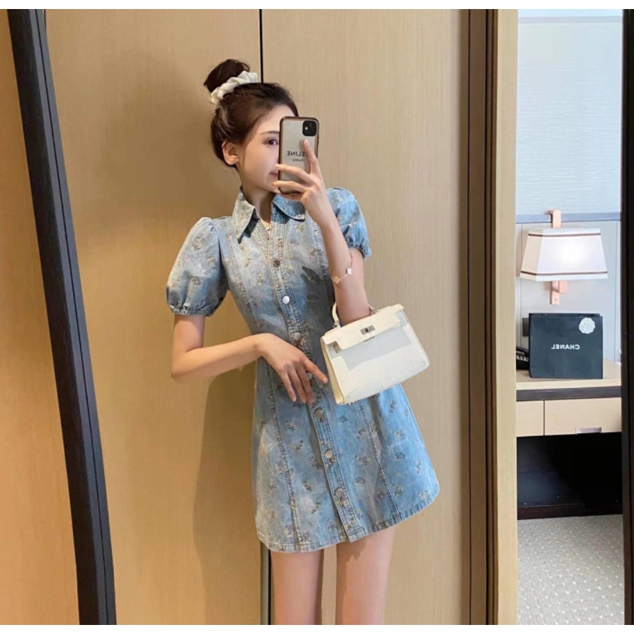 Đầm denim chiết eo thời trang mùa hè mới dành cho nữ 2021