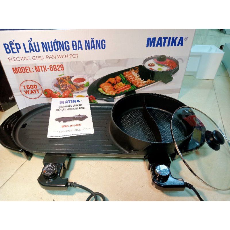 Bếp lẩu nướng đa năng Matika MTK-6929, Bếp Lẩu Nướng Điện 2 Trong 1 Bề Mặt Chống Dính, hàng chính hãng bảo hành 12 tháng