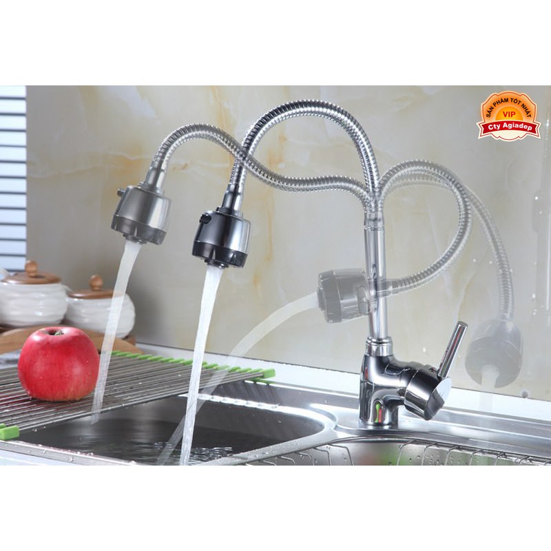 Vòi rửa chén nóng lạnh (cổ mềm) Hợp kim + 2 dây cấp