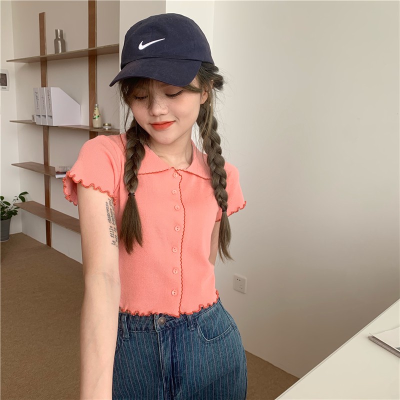 Korean women retro fashion tee wood ears short-sleeved crop top 7 C | BigBuy360 - bigbuy360.vn