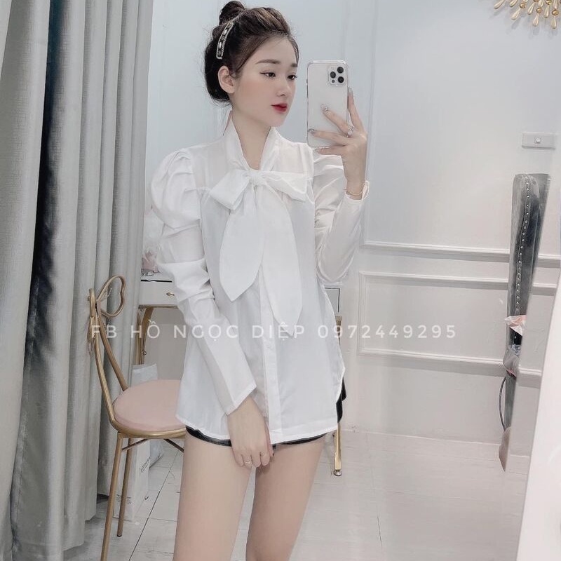 Áo sơ mi trắng buộc nơ tay bồng