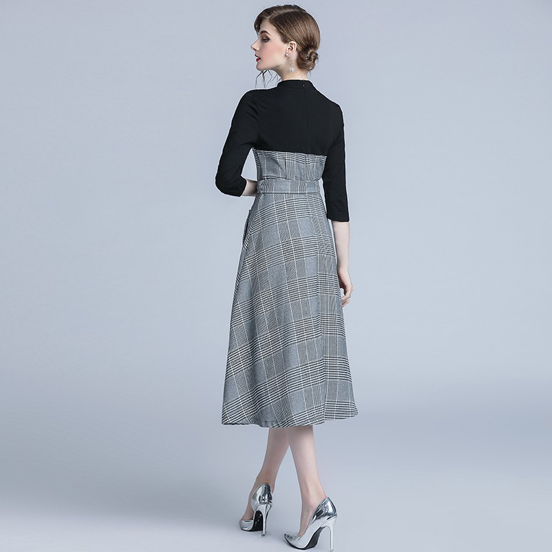 Women's Fashion High Quality Midi Paneled Check Dress With Belt | BigBuy360 - bigbuy360.vn