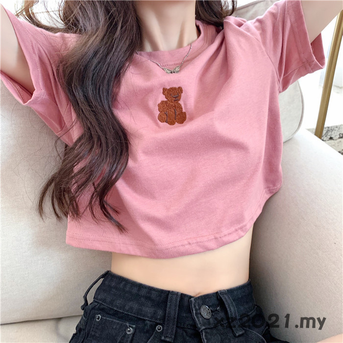 Áo thun tay ngắn thêu hoạt tiết gấu đáng yêu cho nữ