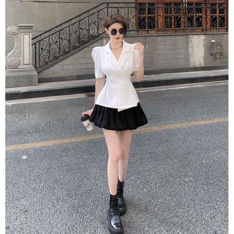 Áo kiểu vest tay bồng kết hợp chân váy voan LeLa LDT09 màu đen trắng