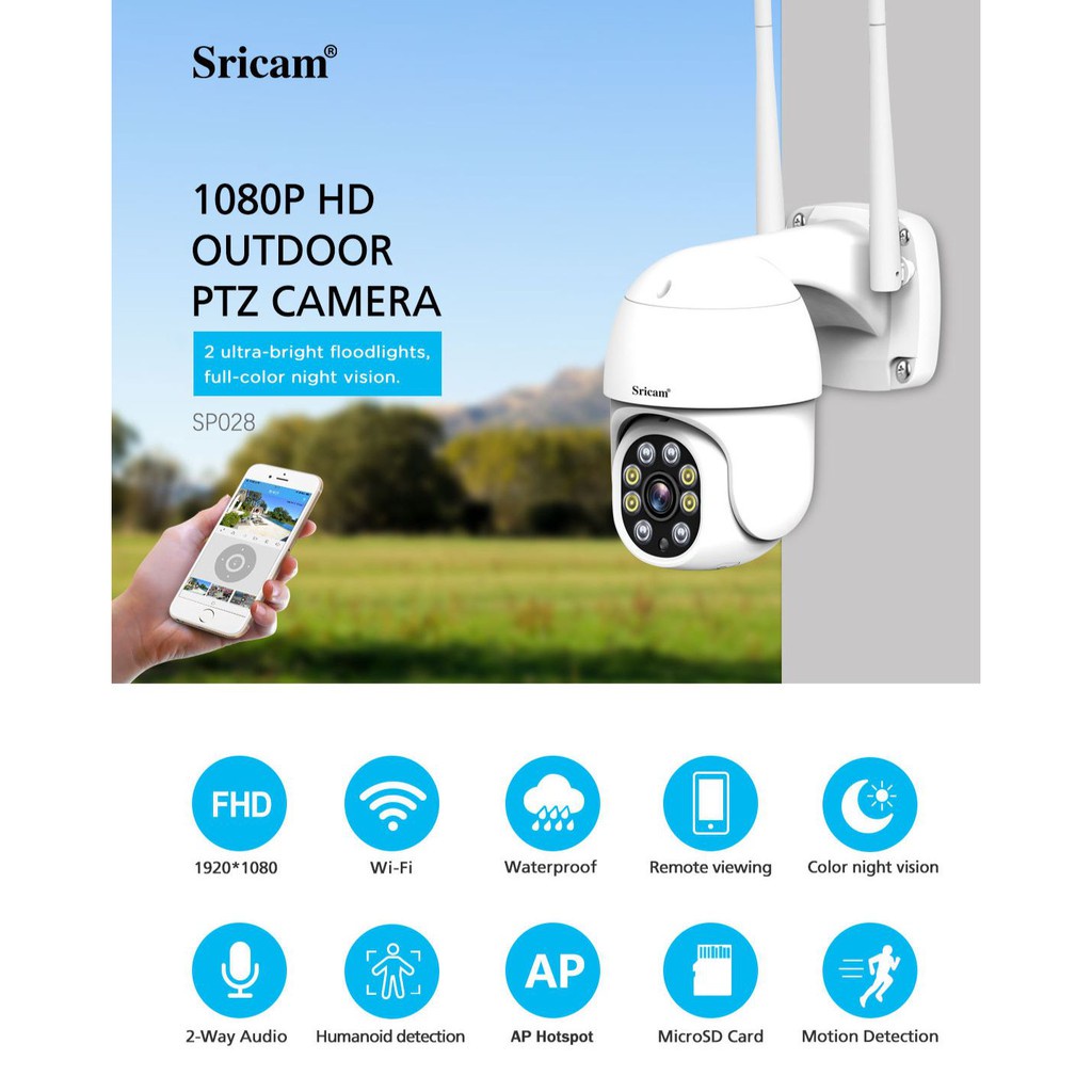 Camera IP Wifi ngoài trời PTZ SriHome SP028 2.0MP FullHD 1080P, Xoay 355 độ, chống nước IP66 (Trắng) HÀNG CHÍNH HÃNG