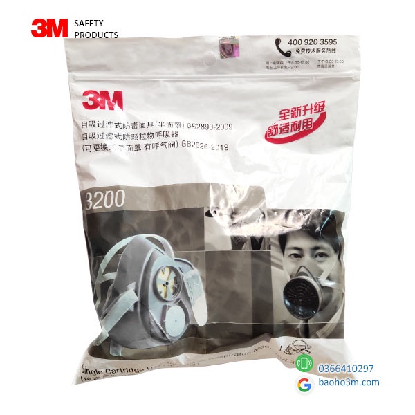 3M 3200-Mặt nạ phòng độc 3M 5 món lọc hơi benzen, acetone, xăng dầu, dùng phun sơn, phòng khói độc, khai thác dầu khí