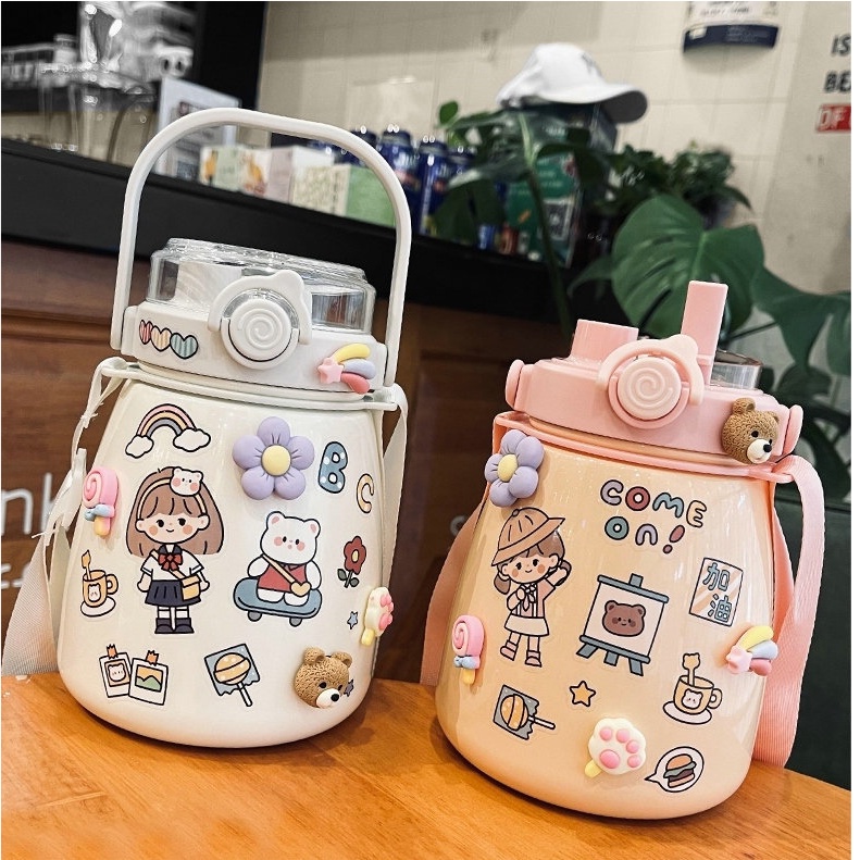 Bình giữ nhiệt 880ml Greeninterior, bình đựng nước cute có ống hút, inox 304 cao cấp kèm hình dán 3D Màu Xanh Lá