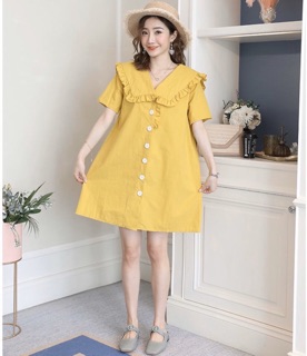 Đầm vàng cổ bèo nút trắng (kèm hình thật)