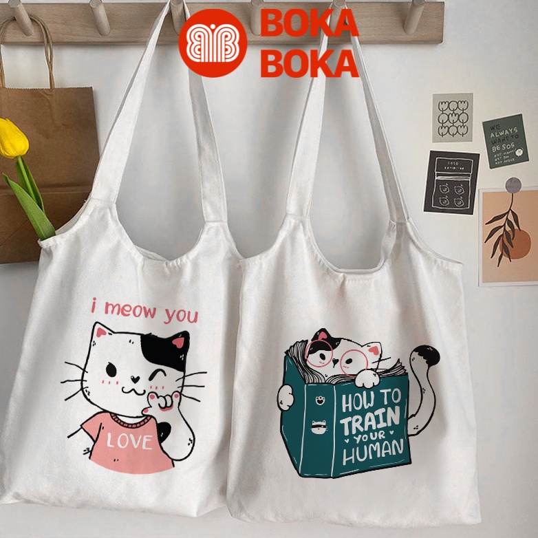 Túi Tote Vải Canvas Quai Tròn Hình Mèo Meow U Phong Cách Ulzzang (Có Khóa Kéo)