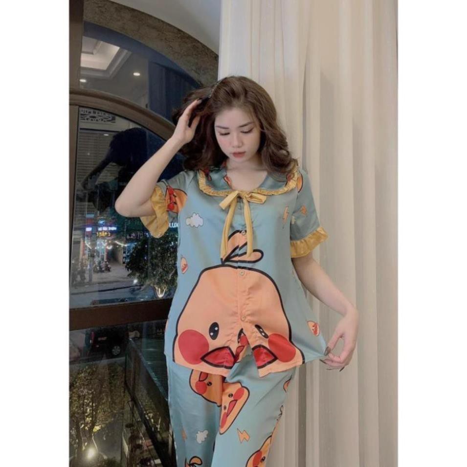 Pijama Lụa SATIN Mẫu vịt kute phô mai que Tay ngắn quần dài  và quần đùi Form 60kg 😘 ♥️ ྆ ༚ ༴