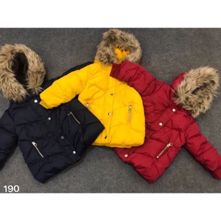 Áo khoác phao parka zara mũ lông bé trai, bé gái 3 màu vàng, đỏ, than (Sz: 9/12m-3/4y)