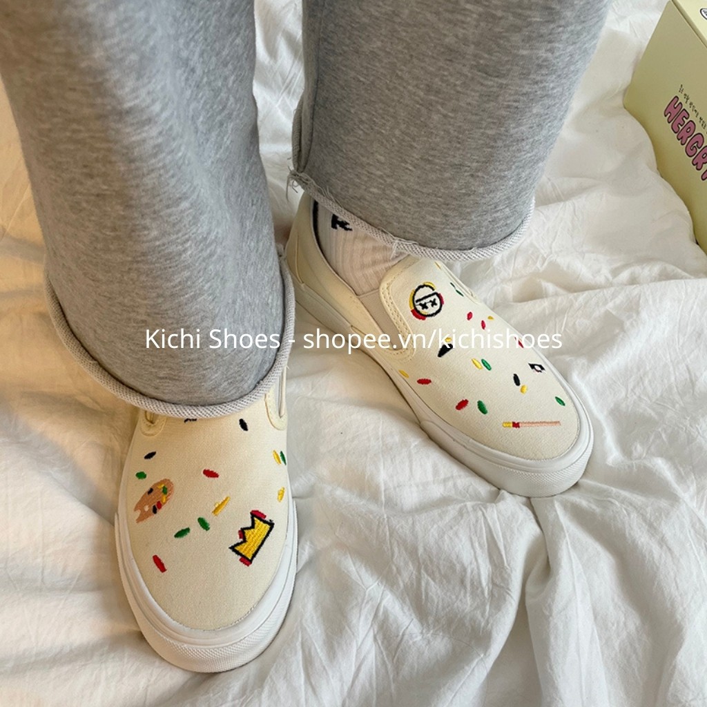 Giày lười slip on hoạ tiết thêu nhí phong cách Ulzzang dành cho nữ mã 1116 - Kichi Shoes