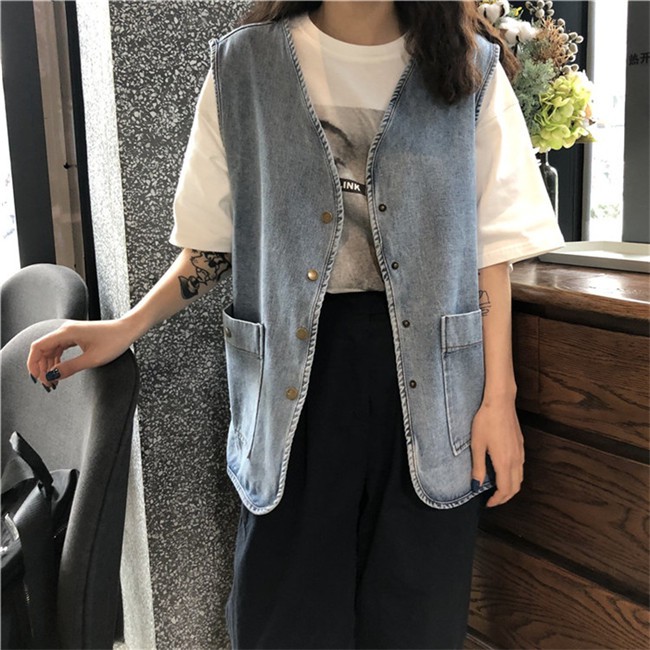 Áo Khoác Denim Mỏng Dáng Rộng Phối Túi Kiểu Cổ Điển Hàn Quốc Cá Tính