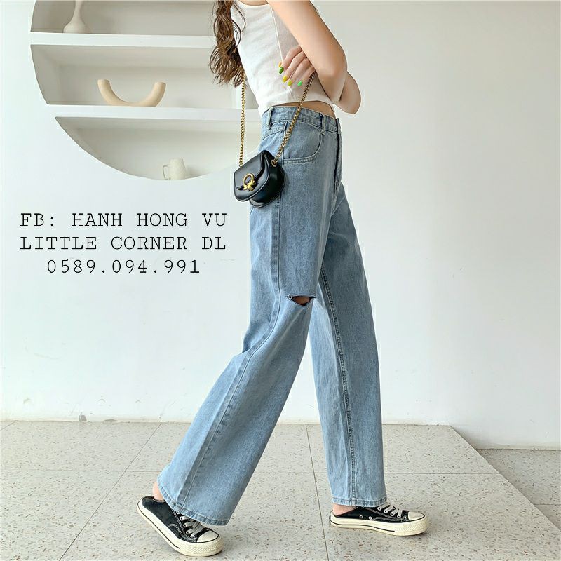 Quần cullotes baggy jeans ống suông vừa 18cm rách ngang gối lưng cao form ulzzang kèm ảnh thật
