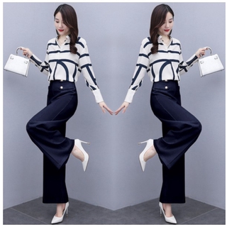 2pcs Office Lady Set Wear Fashion Women OL Slim Suit Chiffon Long Sleeve Striped Shirts+Wide Leg Long Pant Trousers