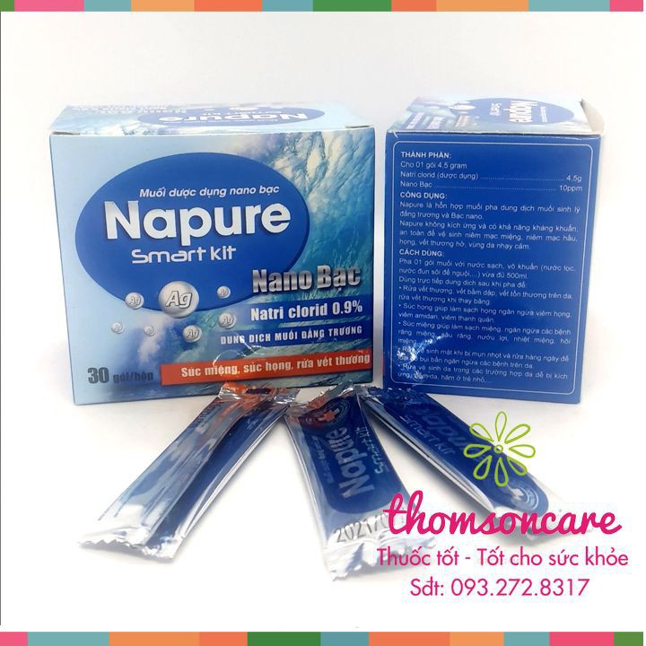 Gói muối biển xúc miệng họng Napure - Hộp 30 gói có chứa Nano bạc, rửa vết thương, rửa mũi xoang