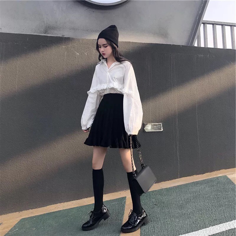 Áo sơ mi trắng bèo ngực tay bồng dáng thụng ulzzang/ Áo sơ mi nữ dài tay oversize